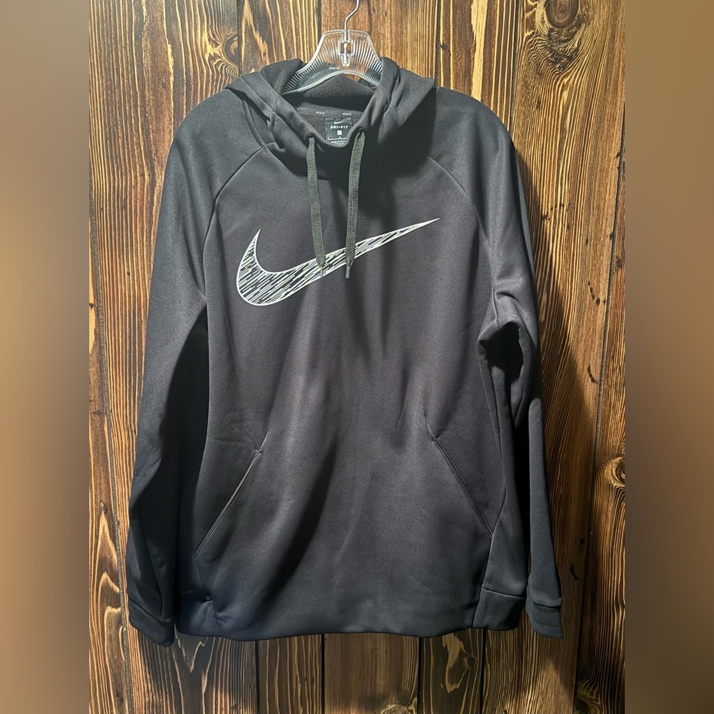 Nike Black and White Therma-FIT Hoodie with Scribble Swoosh + Dri-FIT - Large
